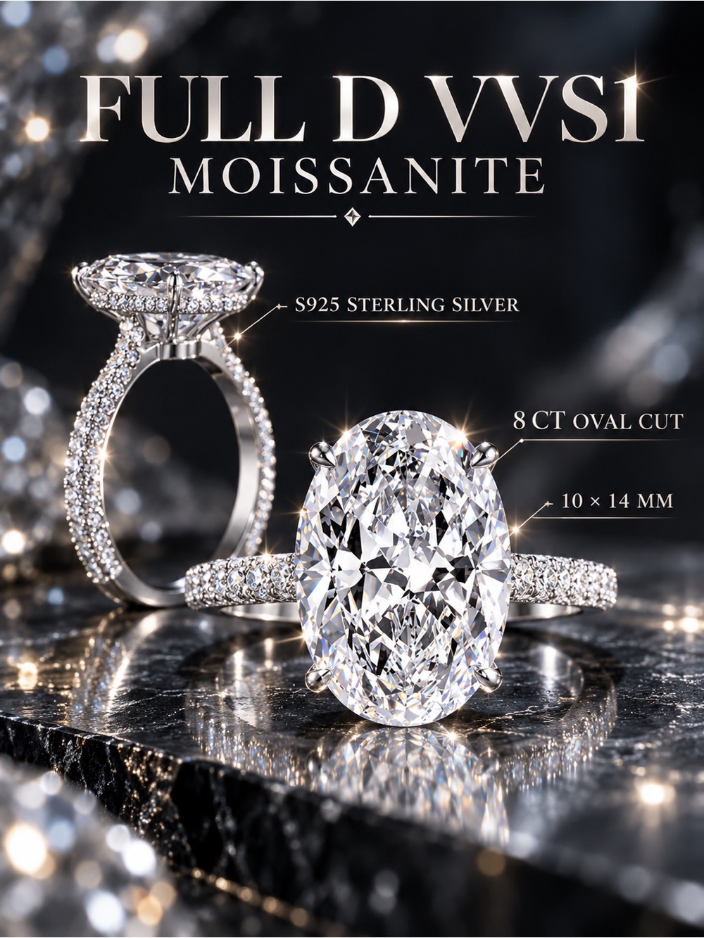 8 CT Oval Moissanite Statement, Engagement Ring – D Color VVS1 – S925 - Size 7
